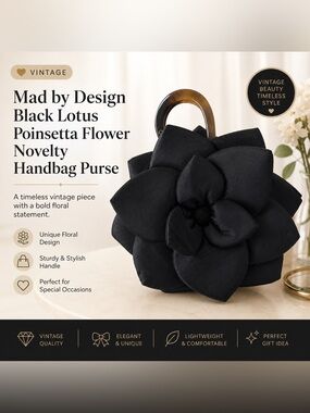🤍Mad by Design Black Lotus Poinsetta Flower Novelty Handbag Purse 🤍